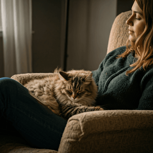 A relaxed cat and owner sharing a calm indoor moment